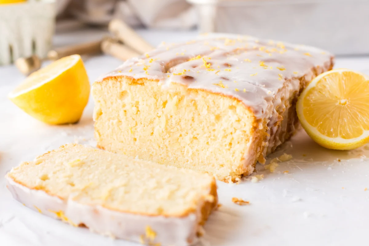 Glazed Lemon Loaf cake recipe from RecipeBoy.com lemon loaf sliced open