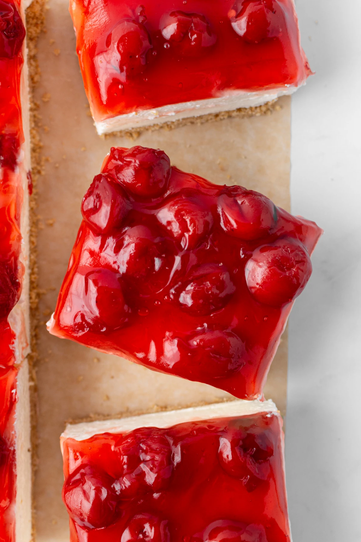 Old Fashioned Cherry Delight recipe from RecipeBoy.com overhead shot of old fashioned cherry delight slices