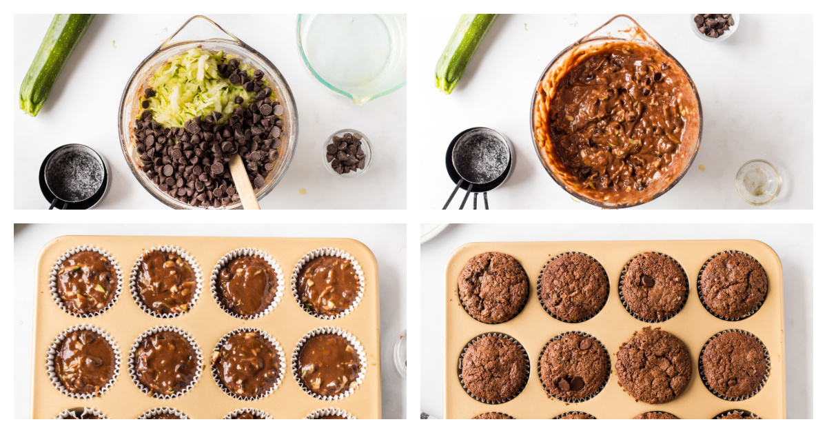 Chocolate Zucchini Muffins recipe from RecipeBoy.com four photos showing how to make chocolate zucchini muffins