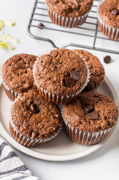 chocolate zucchini muffins on plate