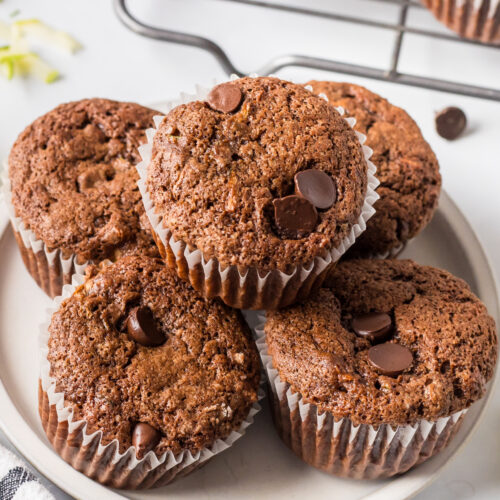 chocolate zucchini muffins on plate