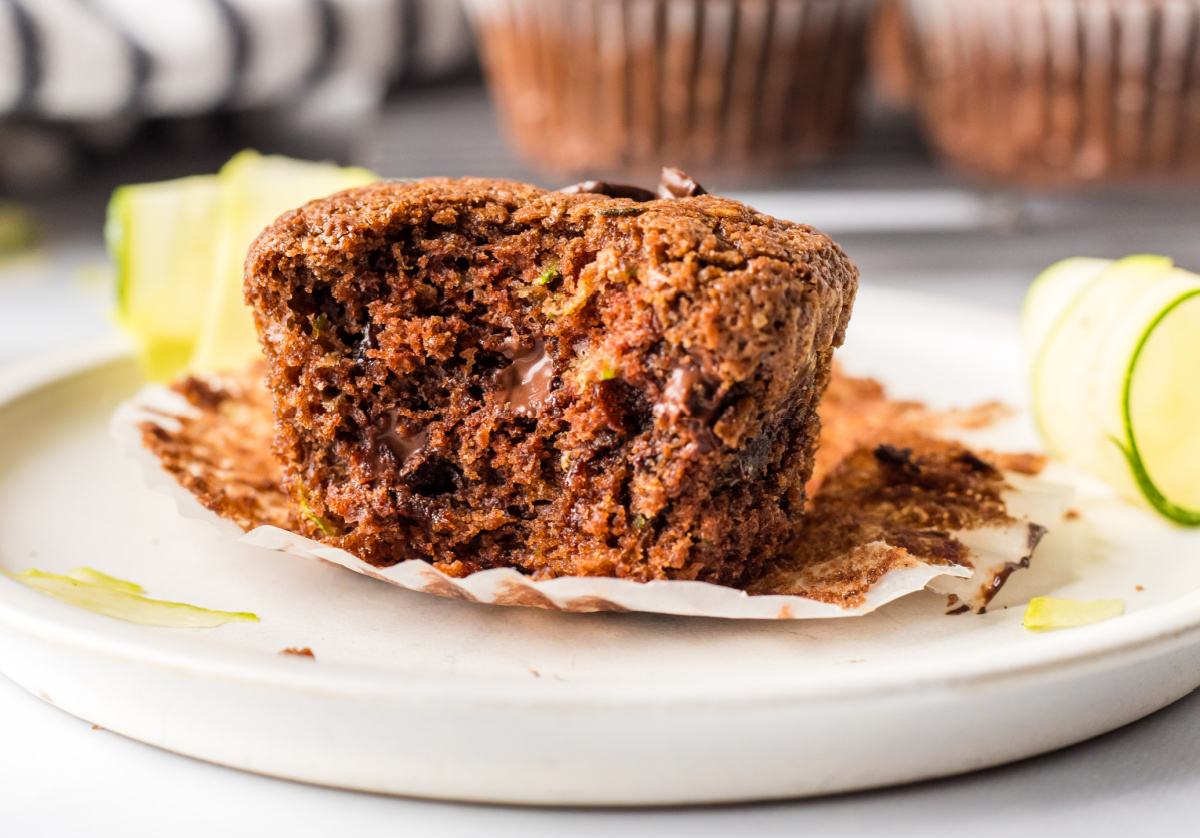 Chocolate Zucchini Muffins recipe from RecipeBoy.com chocolate zucchini muffin broken open