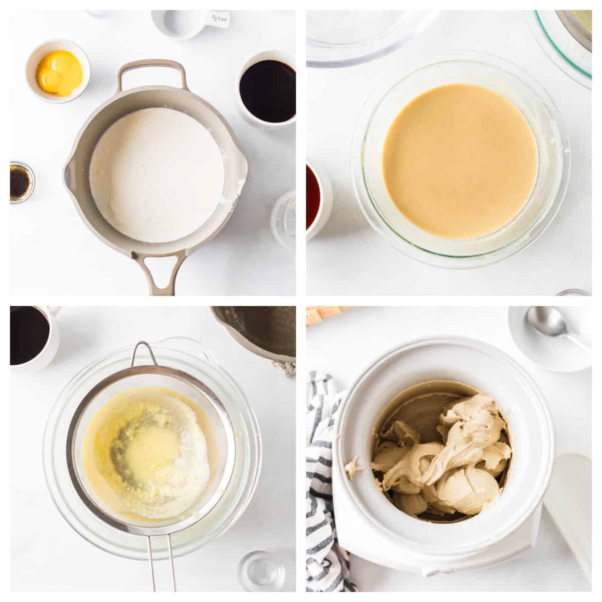 four photos showing process of making coffee ice cream