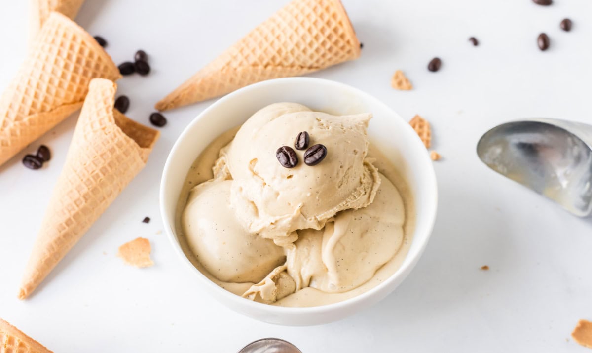bowl of scoops of coffee ice cream