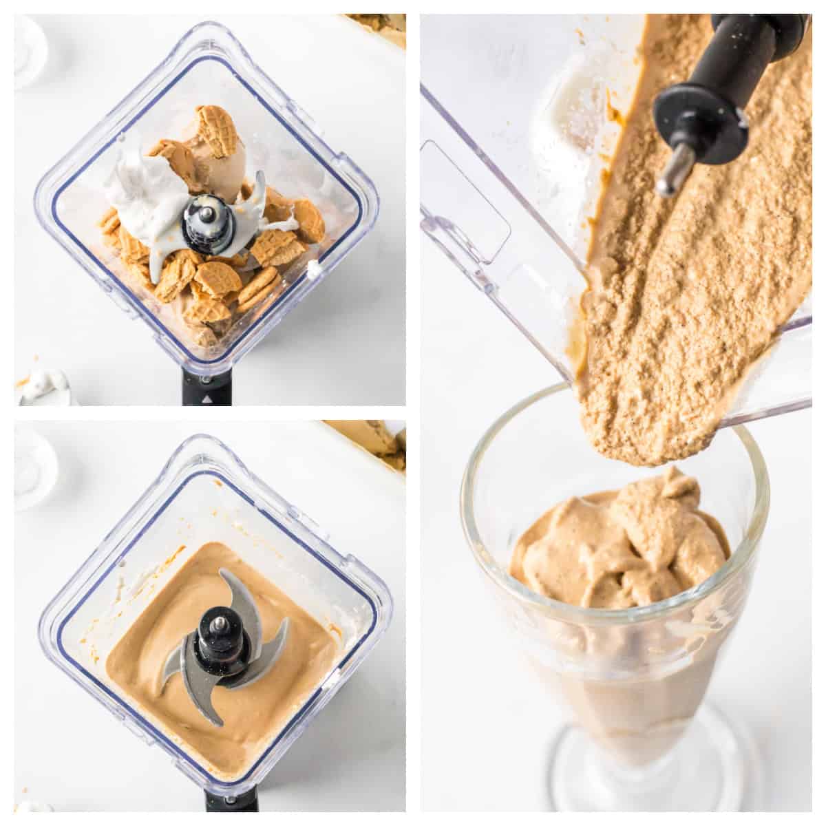 three photos showing how to make coffee milkshakes