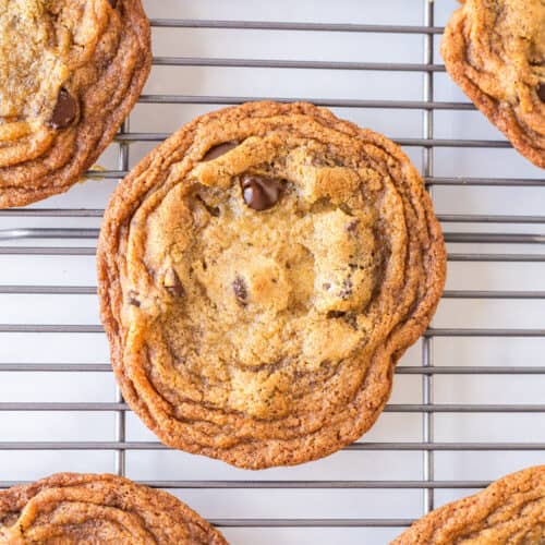 mrs fields chocolate chip cookies on a cooling rack