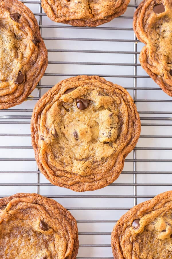 mrs fields chocolate chip cookies on a cooling rack