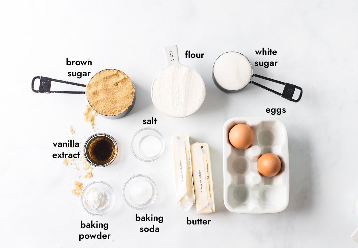 ingredients displayed for making mrs fields chocolate chip cookies