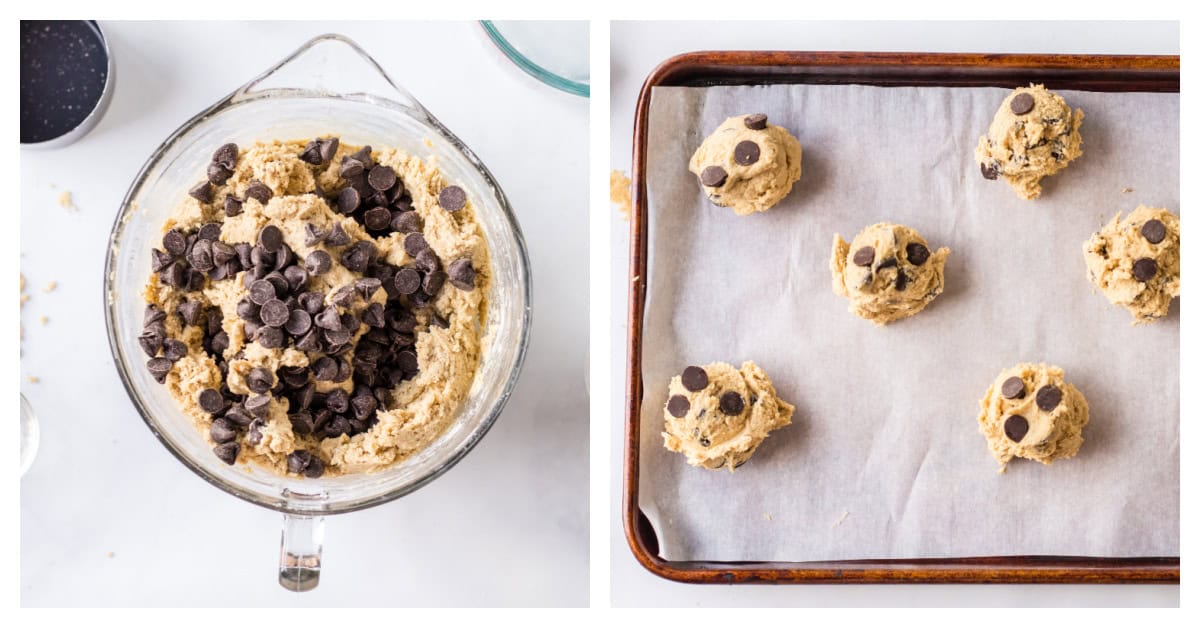 two photos showing how to make mrs fields chocolate chip cookies