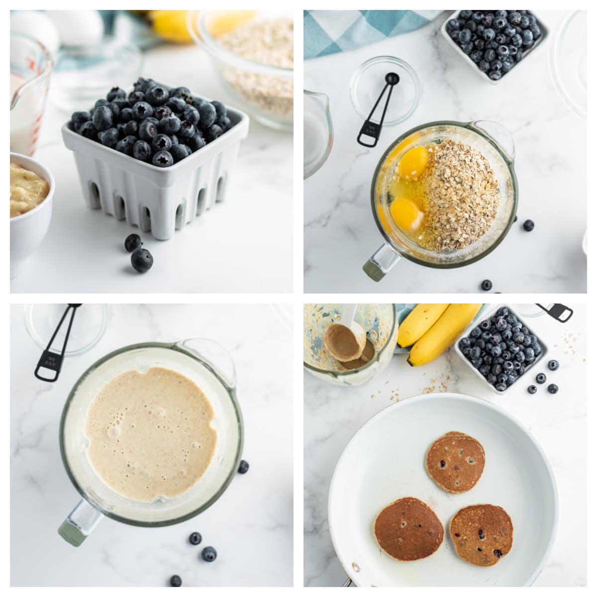 four photos showing how to make oatmeal blender pancakes with blueberries