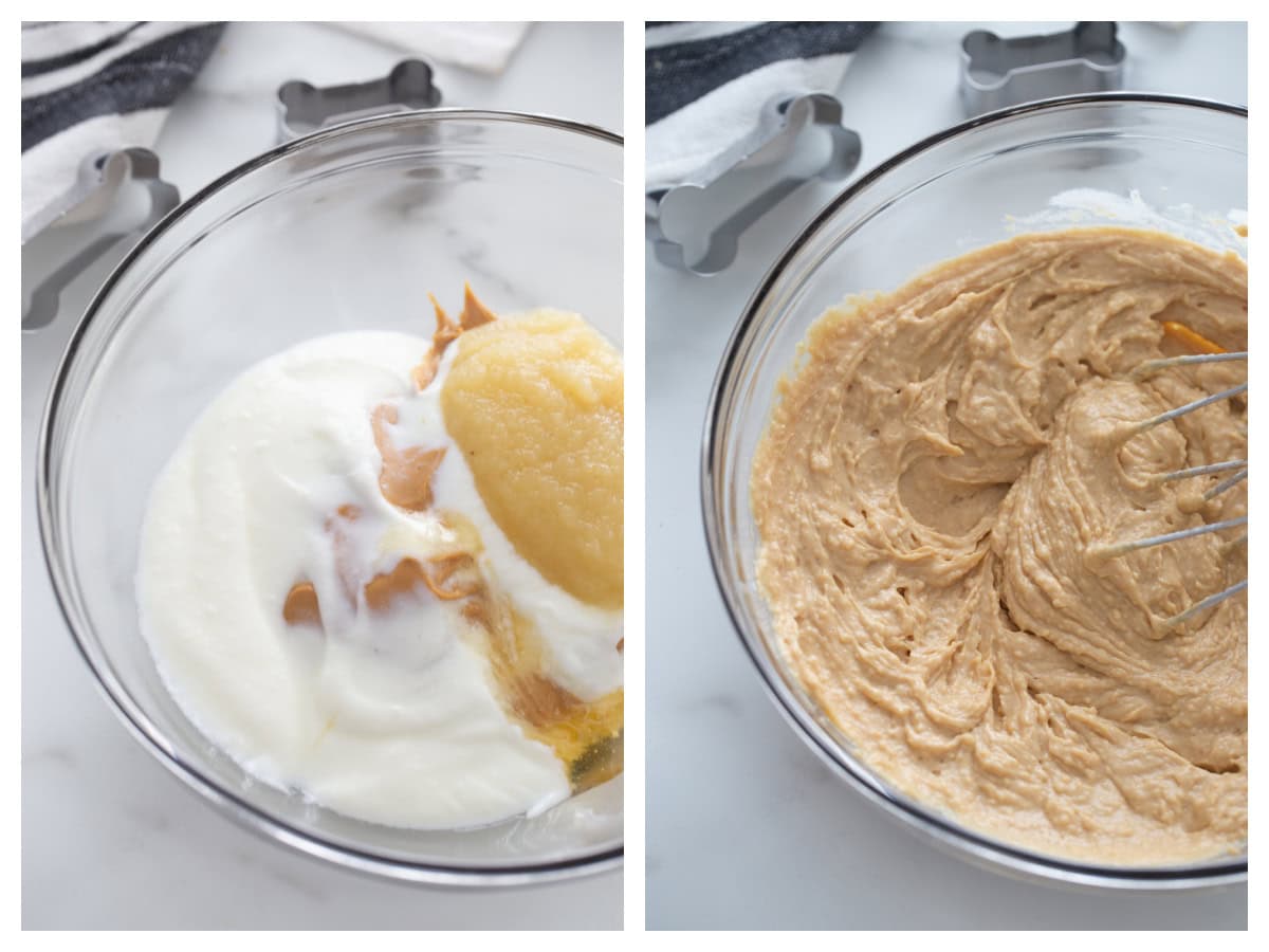 two photos showing making batter for peanut butter dog biscuits