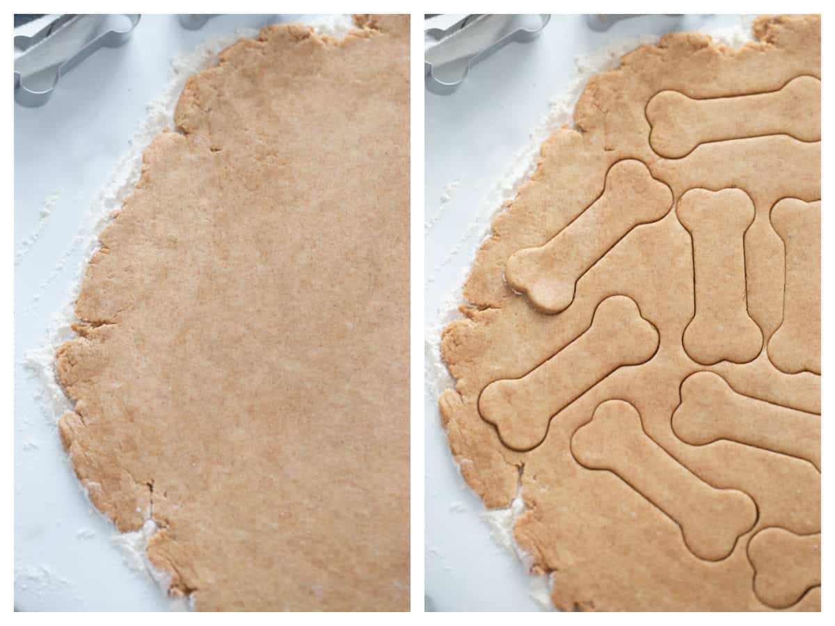 two photos showing rolled out dough and then dog biscuit cutter through the dough