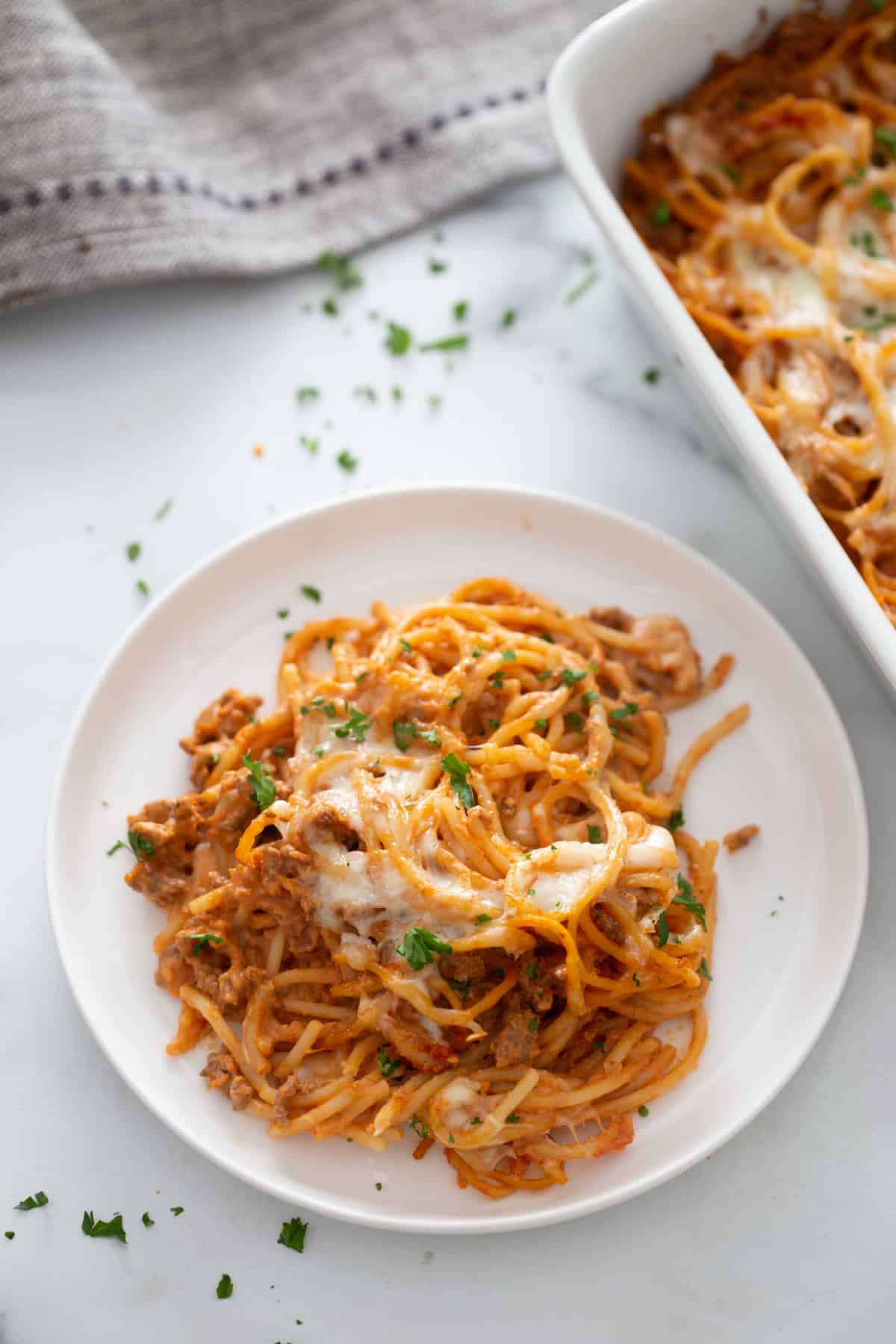 Baked Spaghetti Casserole recipe from RecipeBoy.com : baked pasta serving of spaghetti casserole displayed