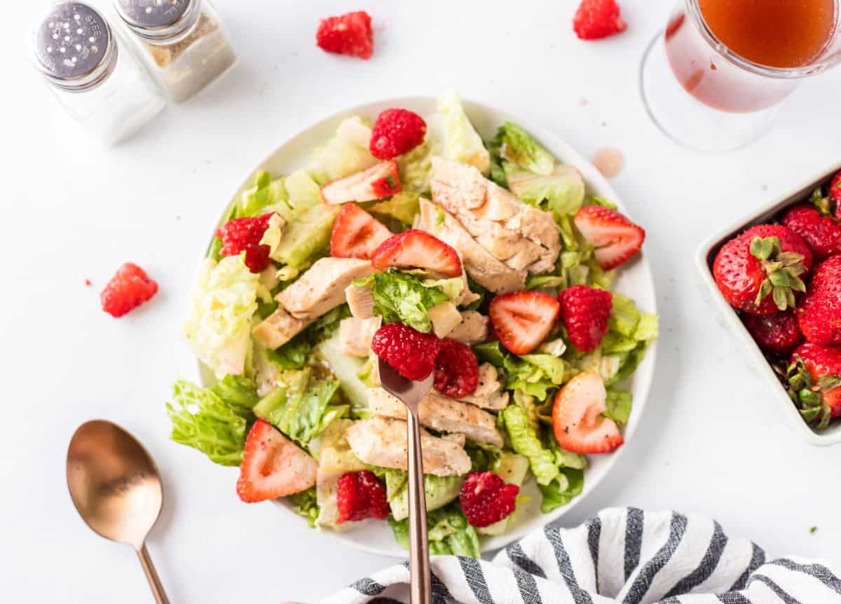 Berry Chicken Salad recipe from RecipeBoy.com berry chicken salad on a plate with fork full