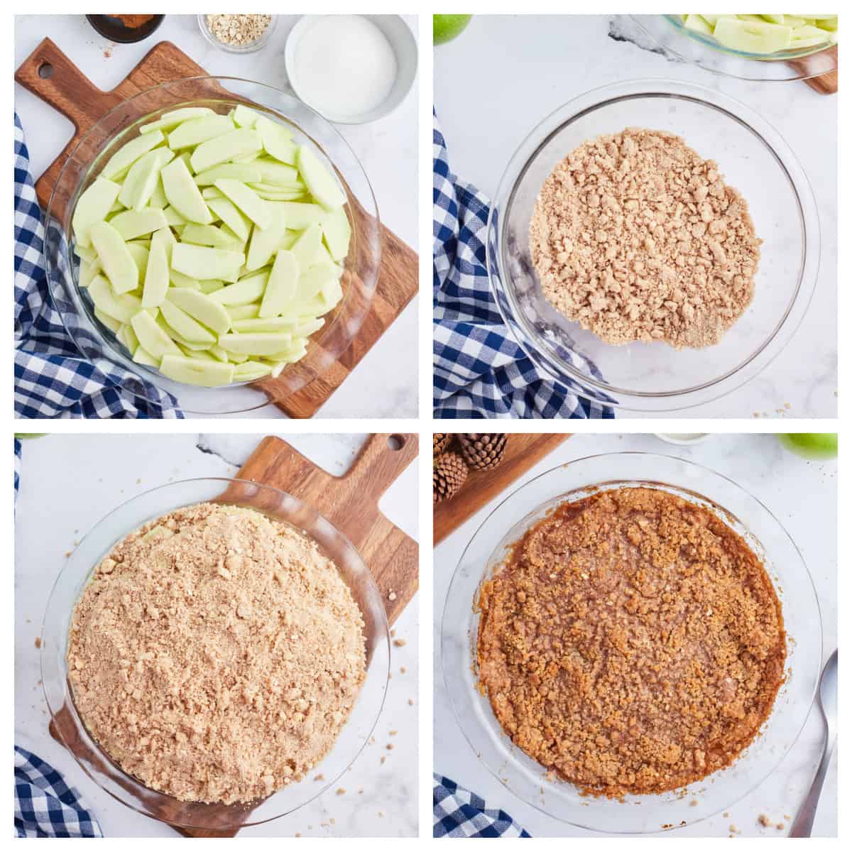 four photos showing how to make apple betty