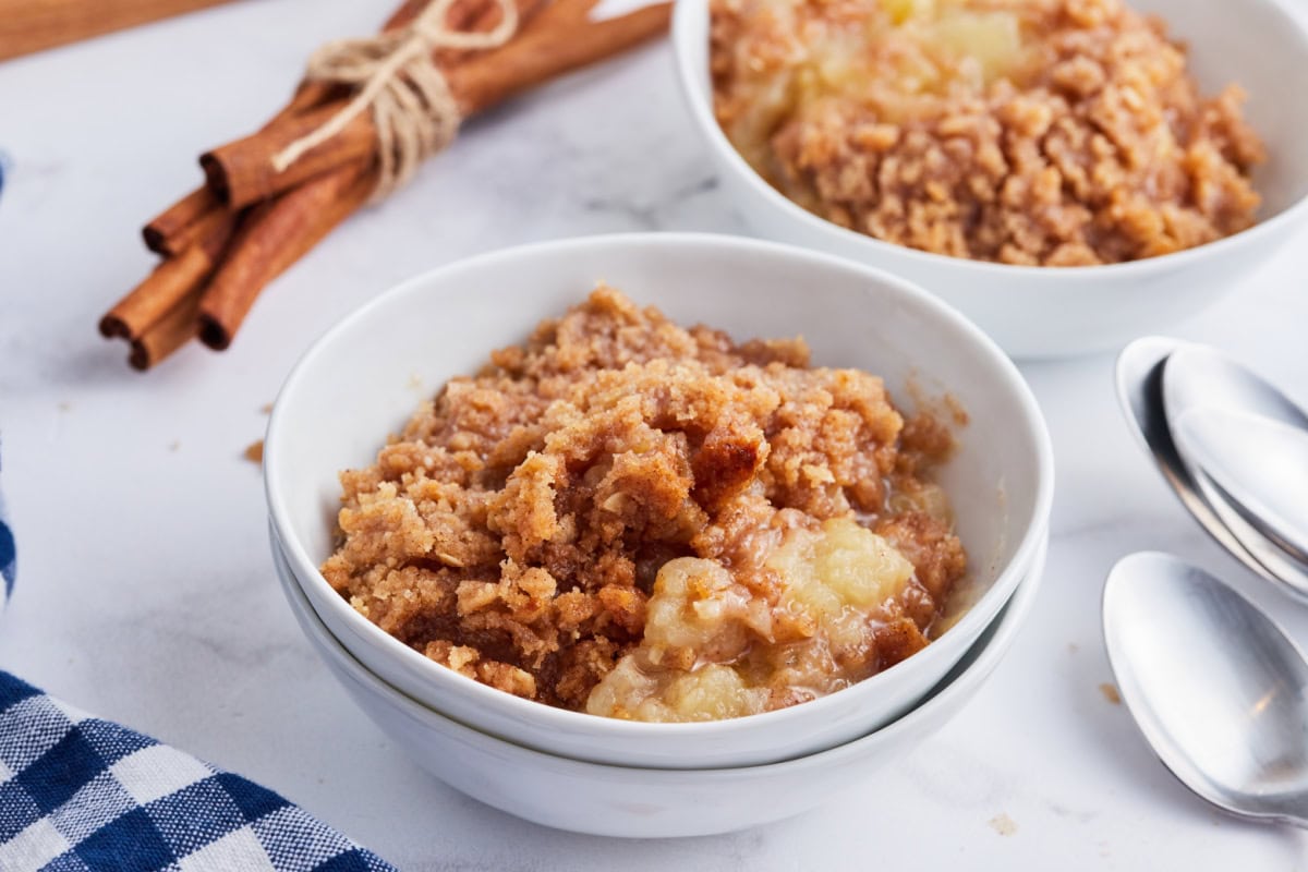 serving of apple betty in bowl