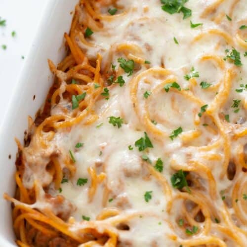 Baked Spaghetti Casserole in a casserole dish