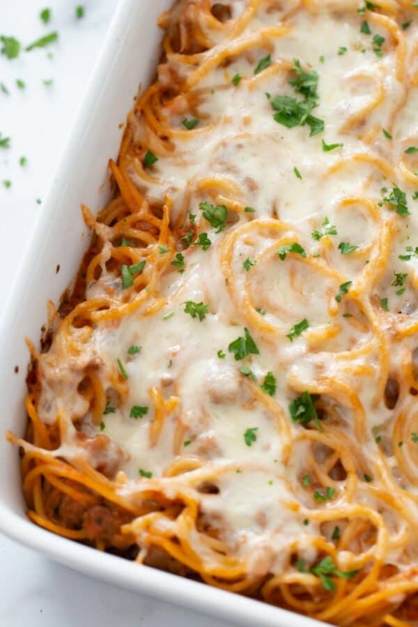 Baked Spaghetti Casserole in a casserole dish