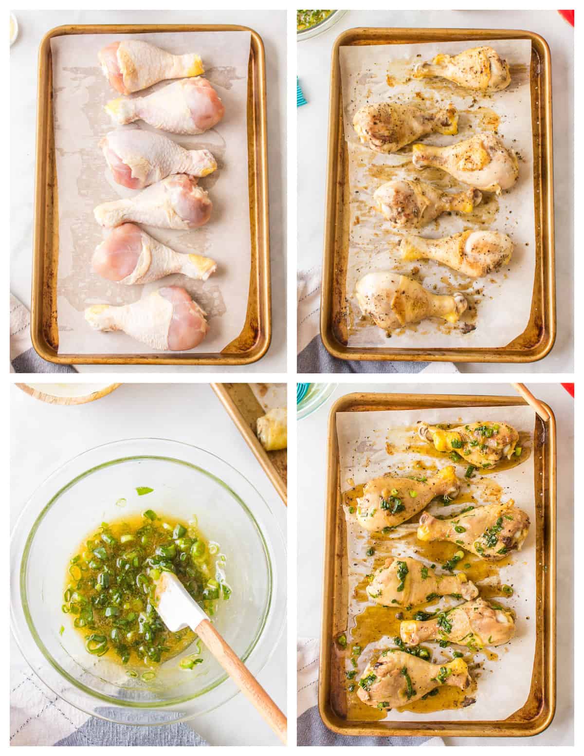 This Honey Chicken Drumsticks recipe is an easy, family friendly dinner recipe, and you will only need 5 ingredients to make it. four photos showing how to make honey chicken drumsticks