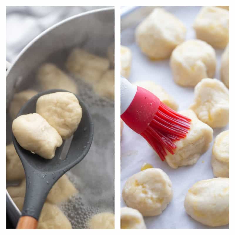 Soft Pretzel Bites with Cheese Sauce recipe from RecipeBoy.com two photos showing making pretzels bites in pan