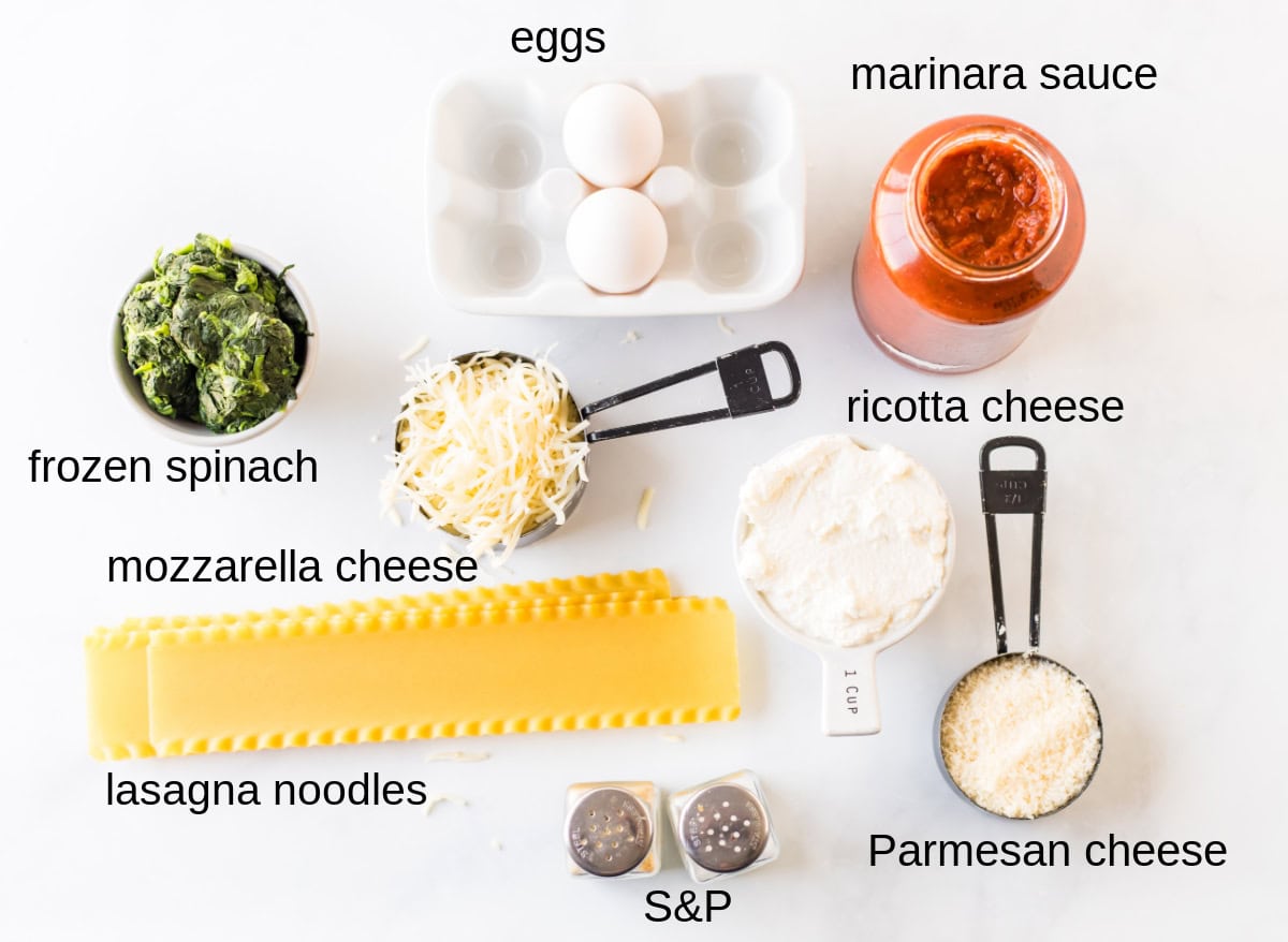 Spinach Lasagna Roll Ups recipe from RecipeBoy.com. Instead of layers, lasagna filling is rolled up into lasagna noodles and baked with marinara and cheese until hot and bubbly. ingredients displayed for making spinach lasagna roll ups