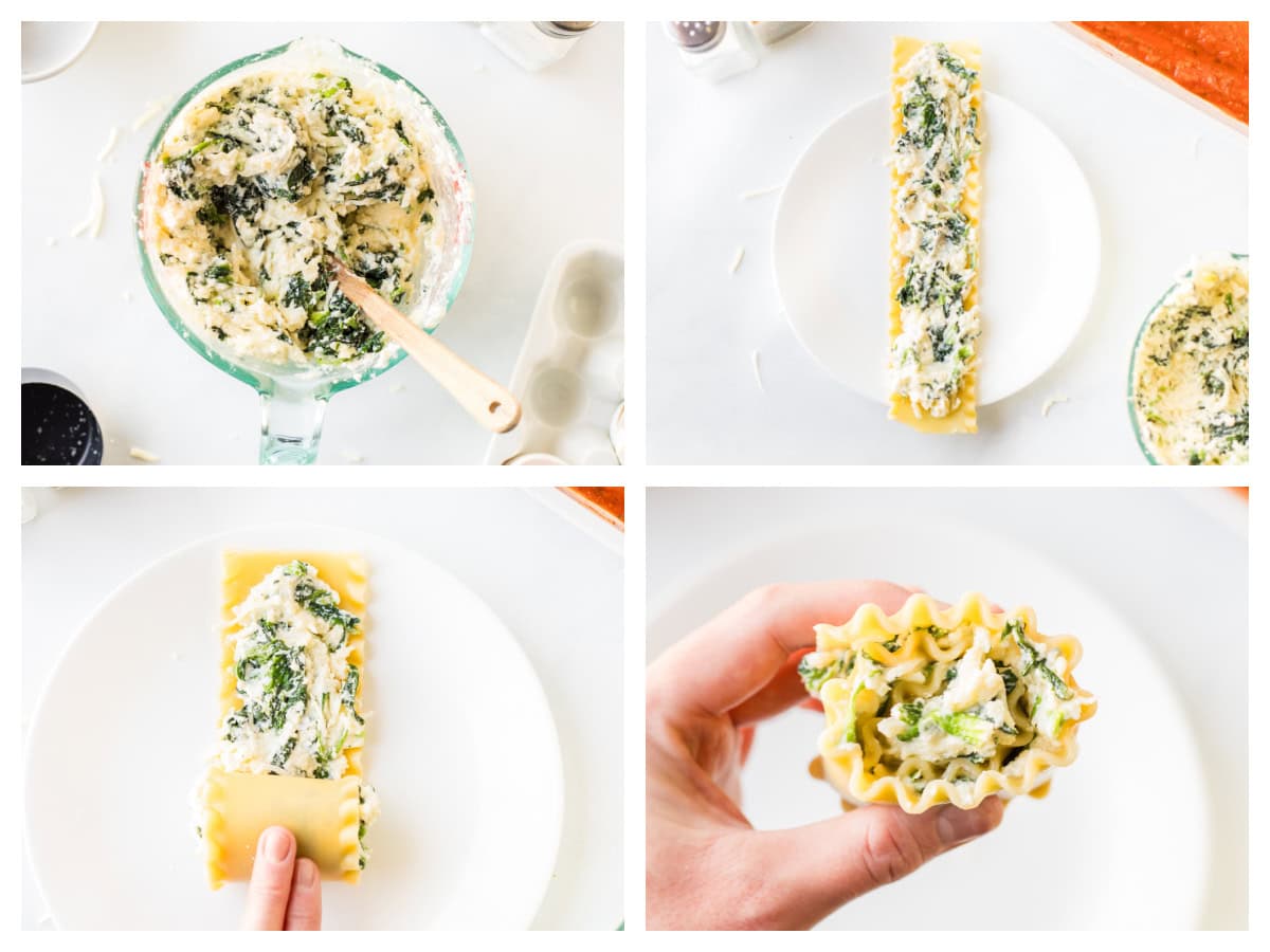 Spinach Lasagna Roll Ups recipe from RecipeBoy.com. Instead of layers, lasagna filling is rolled up into lasagna noodles and baked with marinara and cheese until hot and bubbly. four photos showing how to make a spinach lasagna roll up