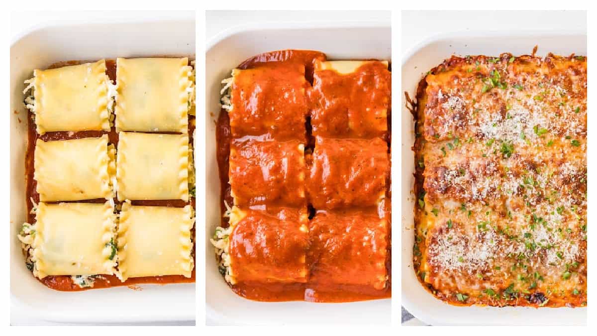 Spinach Lasagna Roll Ups recipe from RecipeBoy.com. Instead of layers, lasagna filling is rolled up into lasagna noodles and baked with marinara and cheese until hot and bubbly. spinach lasagna roll ups three photos showing how to assemble them