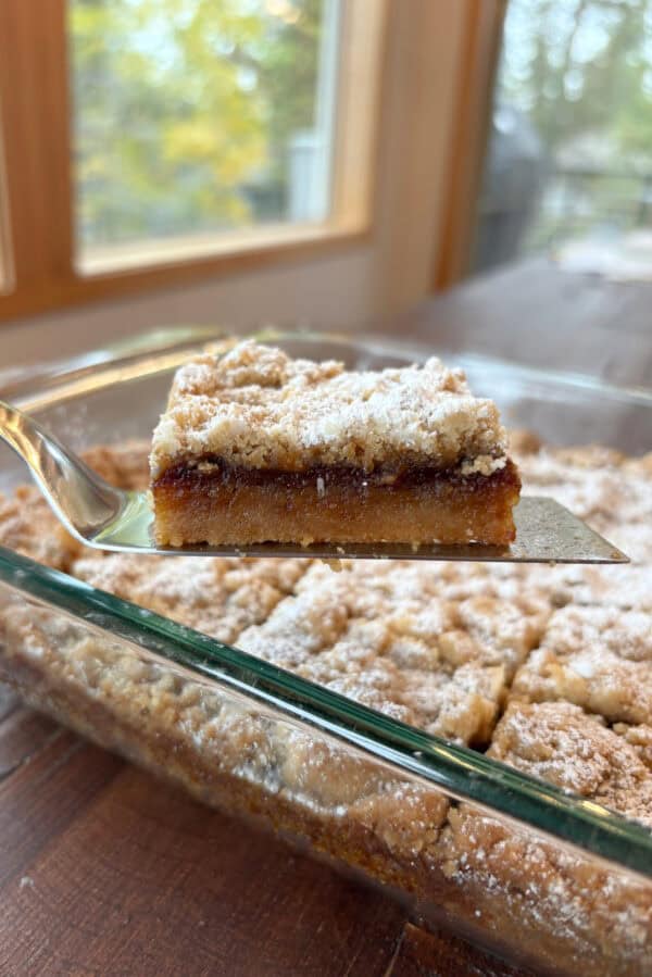 apple butter shortbread bar on spatula