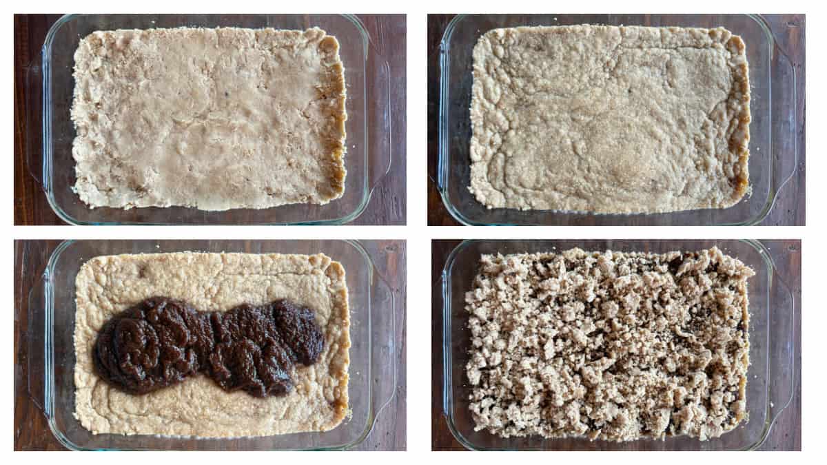 Apple Butter Shortbread Bars are a totally decadent dessert with two layers of buttery shortbread and apple butter sandwiched in between. Recipe from RecipeBoy.com four photos showing how to make apple butter shortbread bars