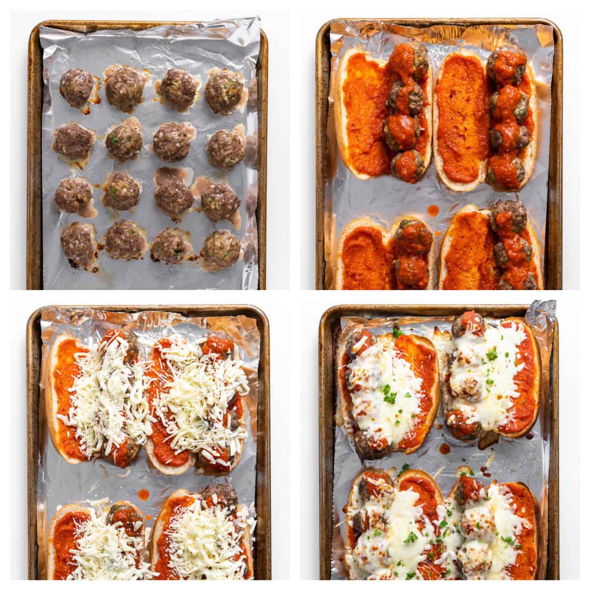 four photos showing how to make meatball subs