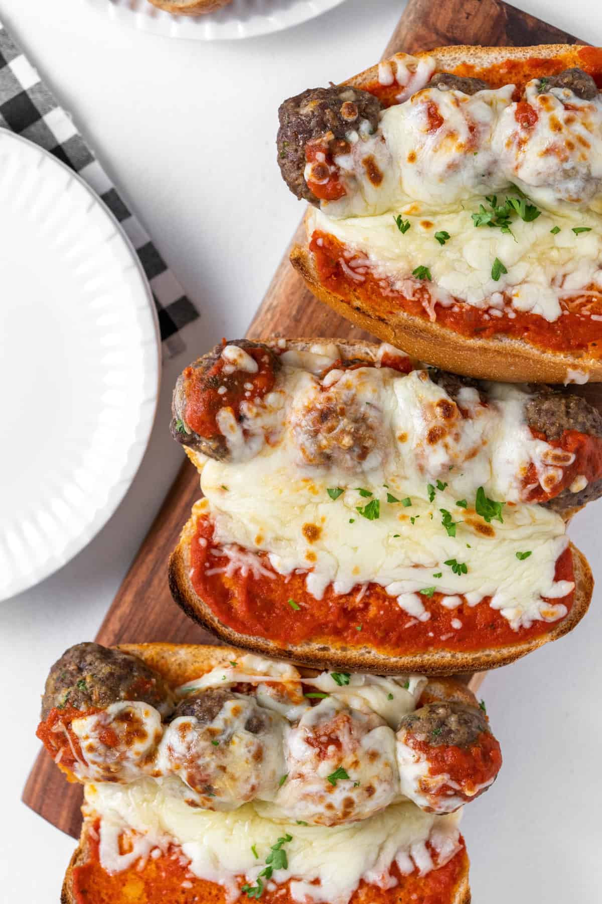 overhead shot of three meatball subs