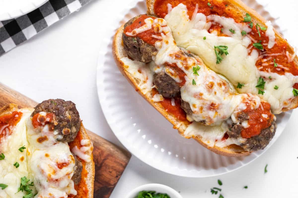 close up of meatball sub sandwich