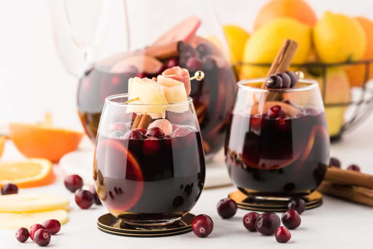 apple cranberry sangria in glasses