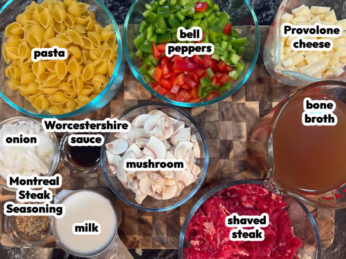 ingredients displayed for making philly cheesesteak pasta