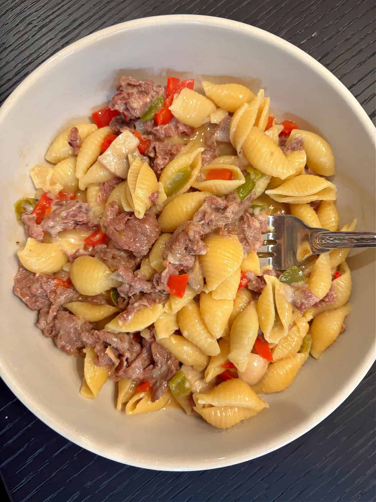 philly cheesesteak pasta in a bowl