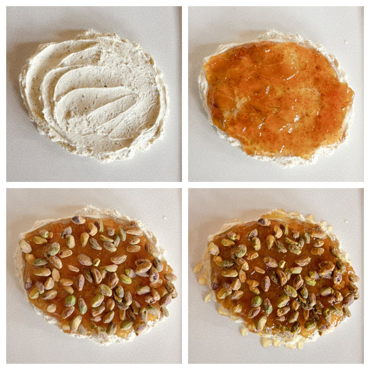 The easiest appetizer ever! Creamy Boursin topped with fig jam, pistachios, and hot honey. Sweet, salty, crunchy, and ready in minutes—perfect for parties! four photos showing how to make boursin cheese dip