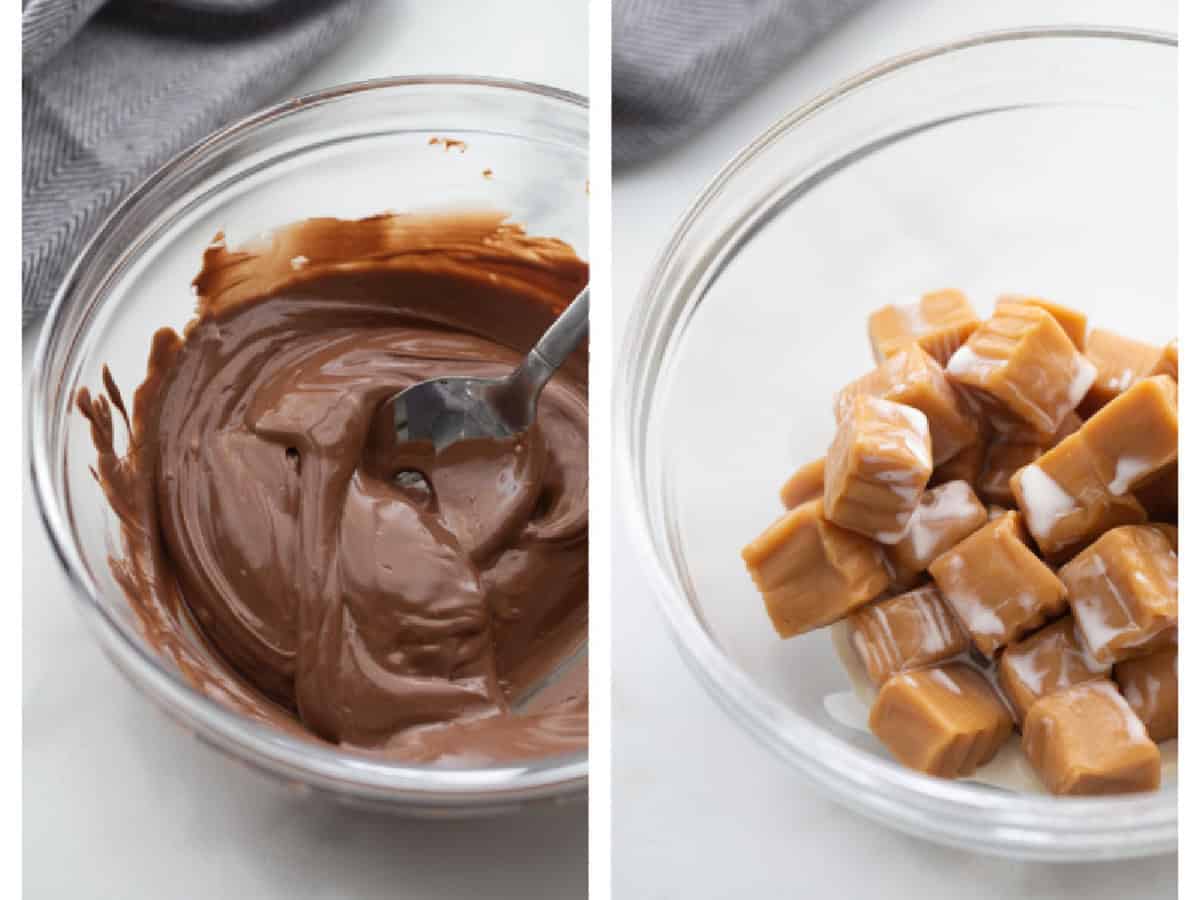 These Easy Caramel Peanut Clusters are layered with melted chocolate, roasted peanuts, and soft caramel—just like gourmet candy shop treats but so simple to make! two photos showing melted chocolate and caramels in bowl
