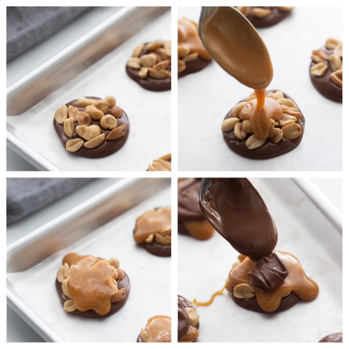 These Easy Caramel Peanut Clusters are layered with melted chocolate, roasted peanuts, and soft caramel—just like gourmet candy shop treats but so simple to make! four photos showing how to make chocolate caramel peanut clusters