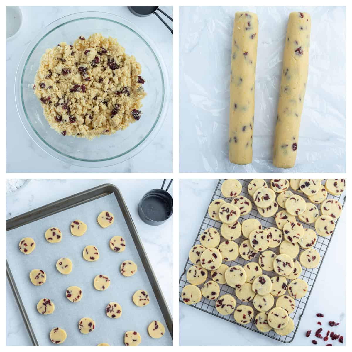 Bright, buttery Cranberry Orange Cookies loaded with dried cranberries and fresh orange zest, dipped in a sweet citrus glaze. A gorgeous slice-and-bake cookie for the holidays! four photos showing how to make cranberry orange cookies