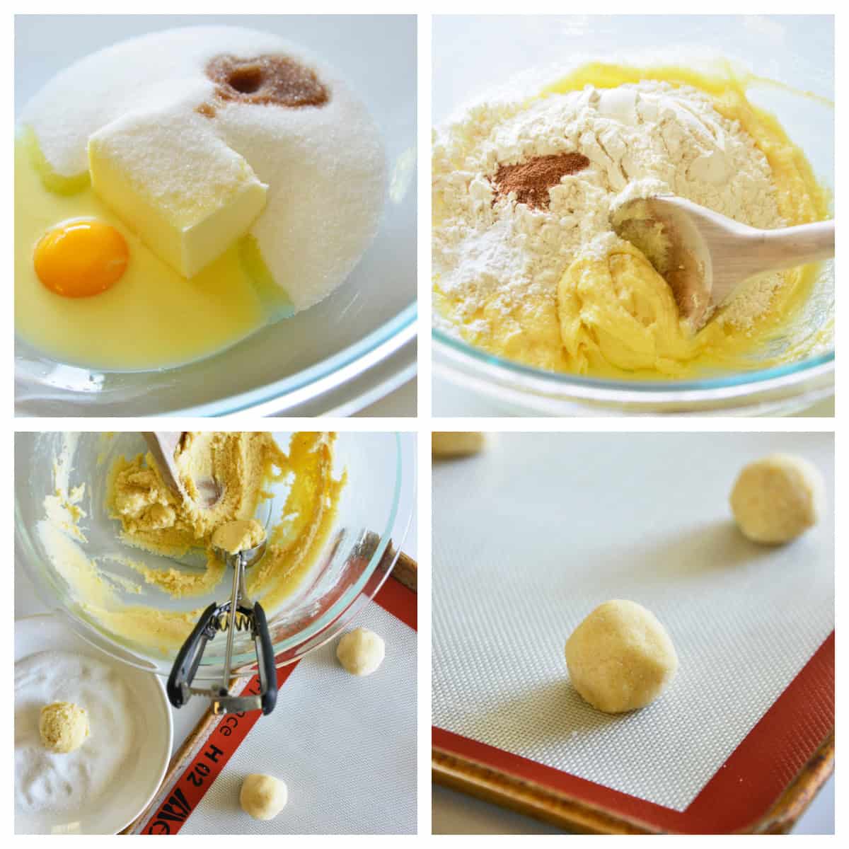 These soft and tender Eggnog Cookies taste just like classic holiday eggnog! Rolled in sugar and full of nutmeg flavor—perfect for Christmas cookie trays. four photos showing how to make eggnog cookies