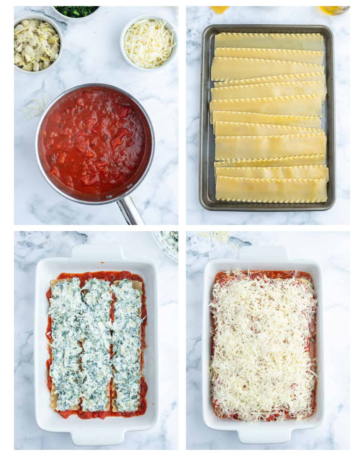 four photos showing how to make spinach artichoke lasagna