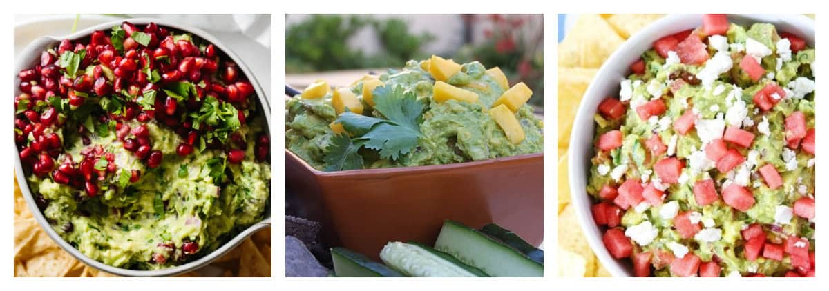 Collage of three guacamole with fruit recipes