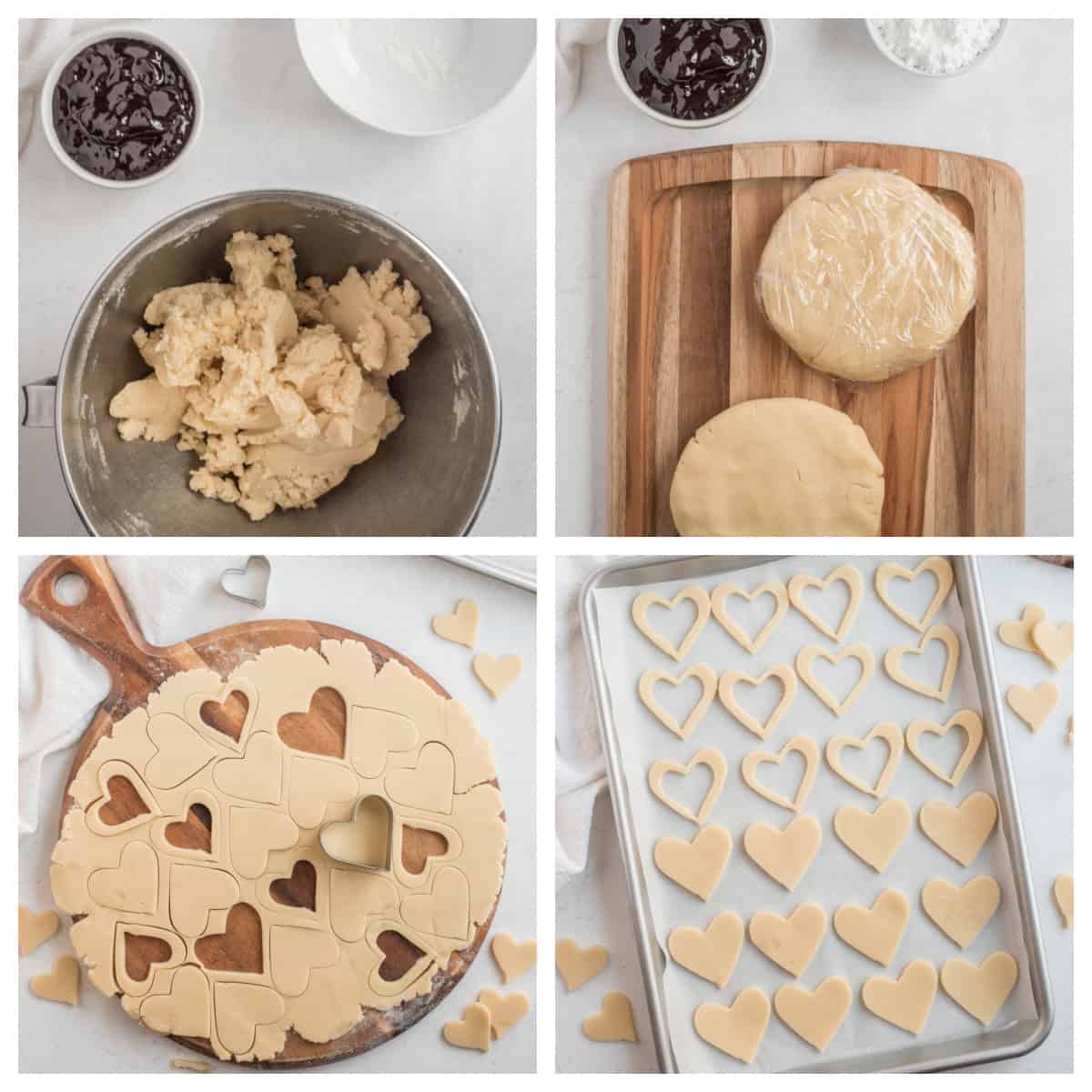 four photos showing how to make hearts for linzer cookies