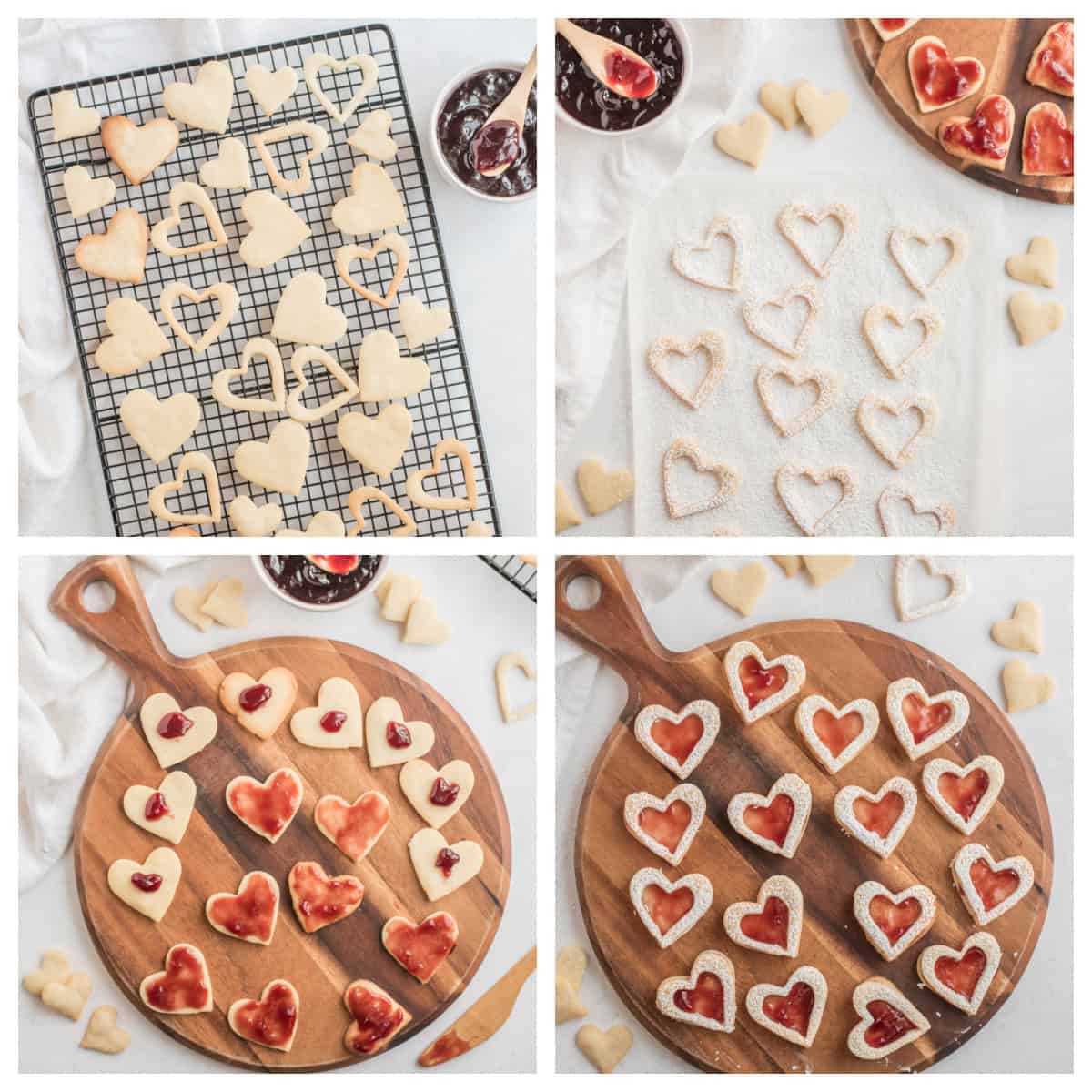 four photos showing how to make linzer heart cookie sandwiches