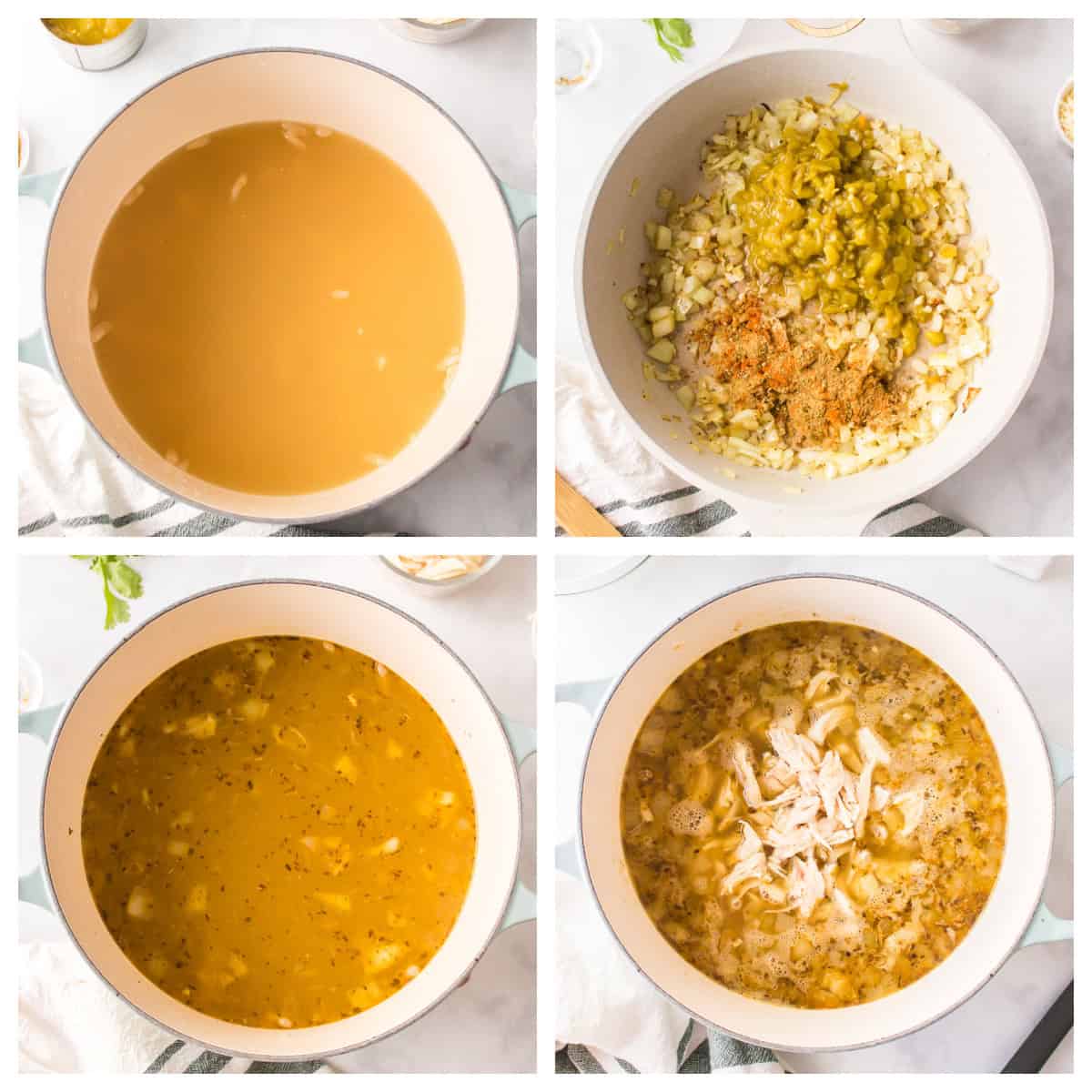 four photos showing how to make white bean chicken chili