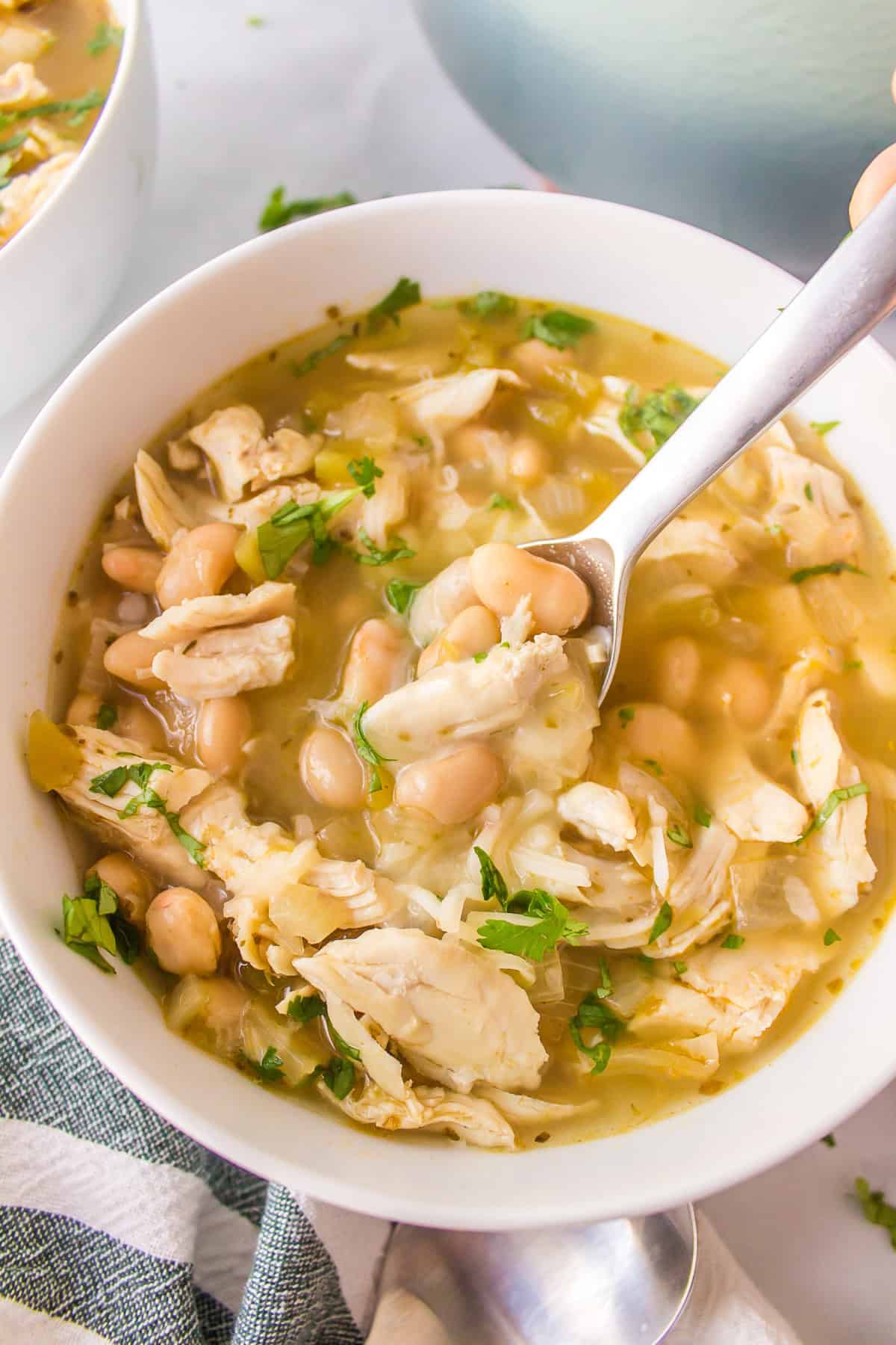 spoon in bowl of white bean chicken chili