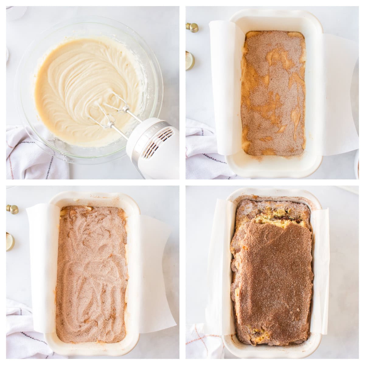 four photos showing how to make cinnamon loaf