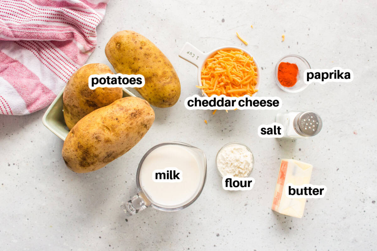 These Microwave Scalloped Potatoes are creamy, cheesy, and ready fast—no oven required! The perfect easy potato side dish. ingredients displayed for making scalloped potatoes