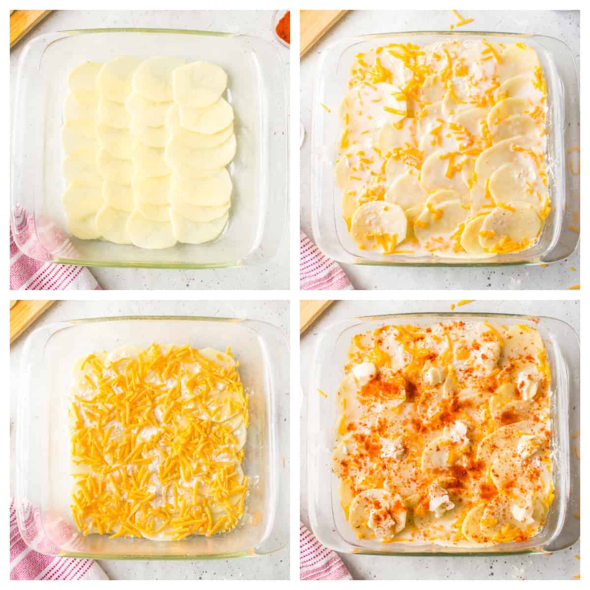 These Microwave Scalloped Potatoes are creamy, cheesy, and ready fast—no oven required! The perfect easy potato side dish. four photos of making microwave scalloped potatoead