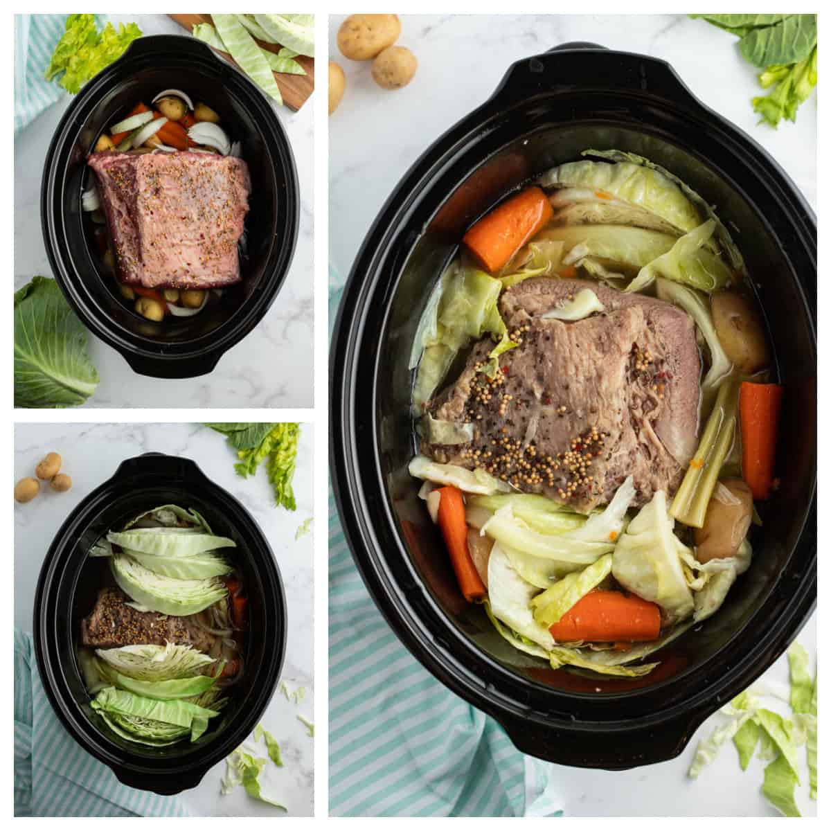 Slow Cooked Corned Beef and Cabbage is an easy, tender, and flavorful St. Patrick’s Day dinner made with brisket and hearty vegetables. three photos showing how to make slow cooked corned beef and cabbage